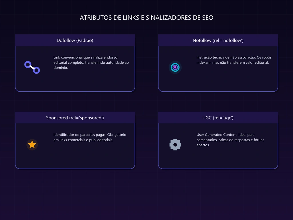 Atributos de Backlinks Dofollow Nofollow Sponsored UGC